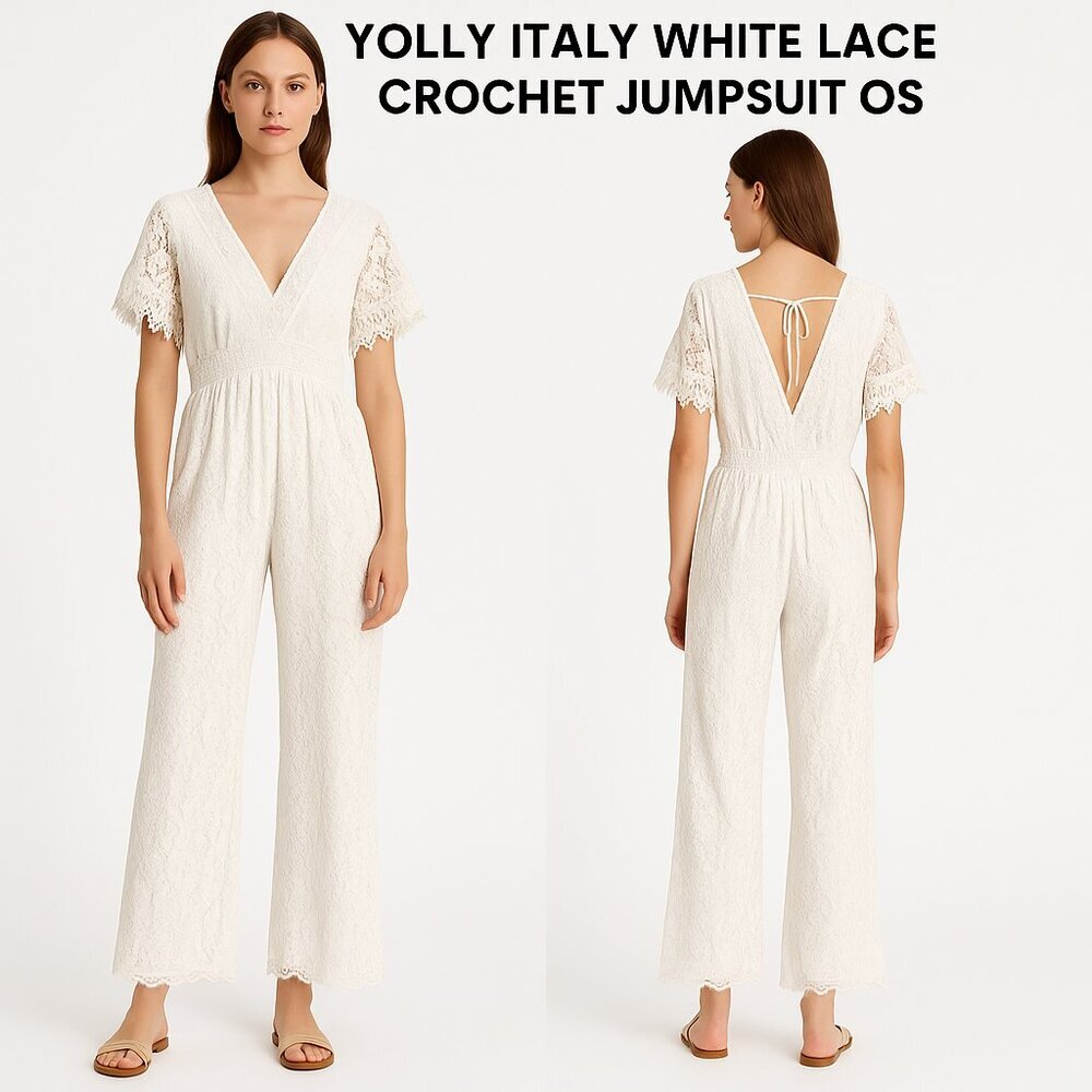 Yolly Italy White Lace Crochet Jumpsuit OS Wide Leg V-Neck